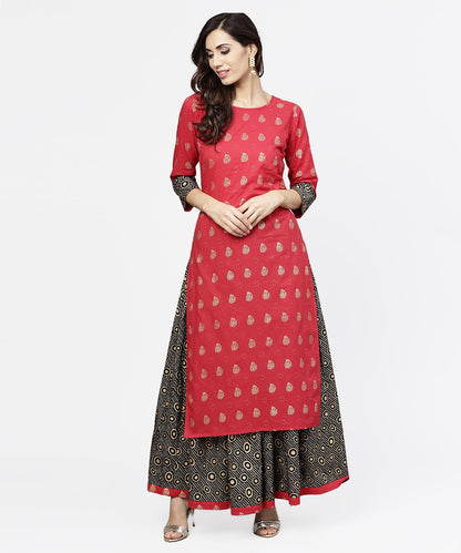 Women's Pink Printed 3/4Th Sleeve Cotton Kurta With Black Printed Skirt