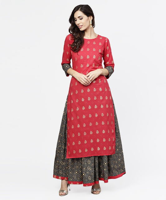 Women's Pink Printed 3/4Th Sleeve Cotton Kurta With Black Printed Skirt