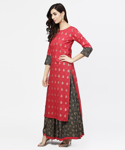 Women's Pink Printed 3/4Th Sleeve Cotton Kurta With Black Printed Skirt