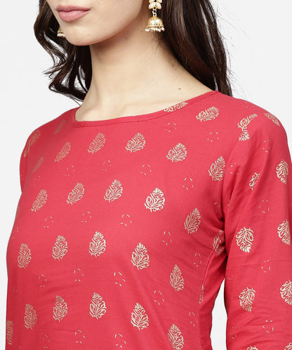 Women's Pink Printed 3/4Th Sleeve Cotton Kurta With Black Printed Skirt