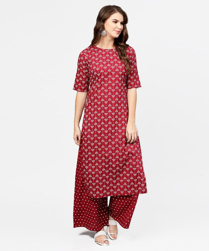 Women's Red Printed Half Sleeve Cotton Kurta With Printed Ankle Length Pallazo