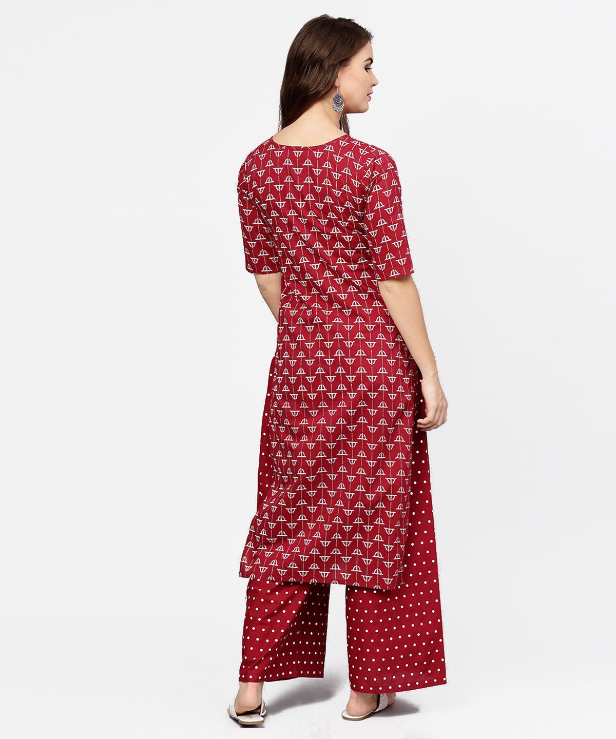 Women's Red Printed Half Sleeve Cotton Kurta With Printed Ankle Length Pallazo