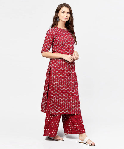 Women's Red Printed Half Sleeve Cotton Kurta With Printed Ankle Length Pallazo