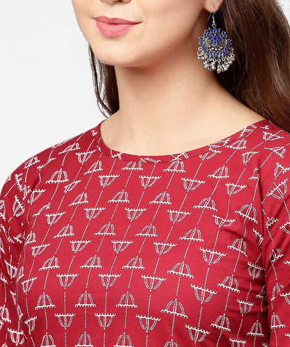 Women's Red Printed Half Sleeve Cotton Kurta With Printed Ankle Length Pallazo