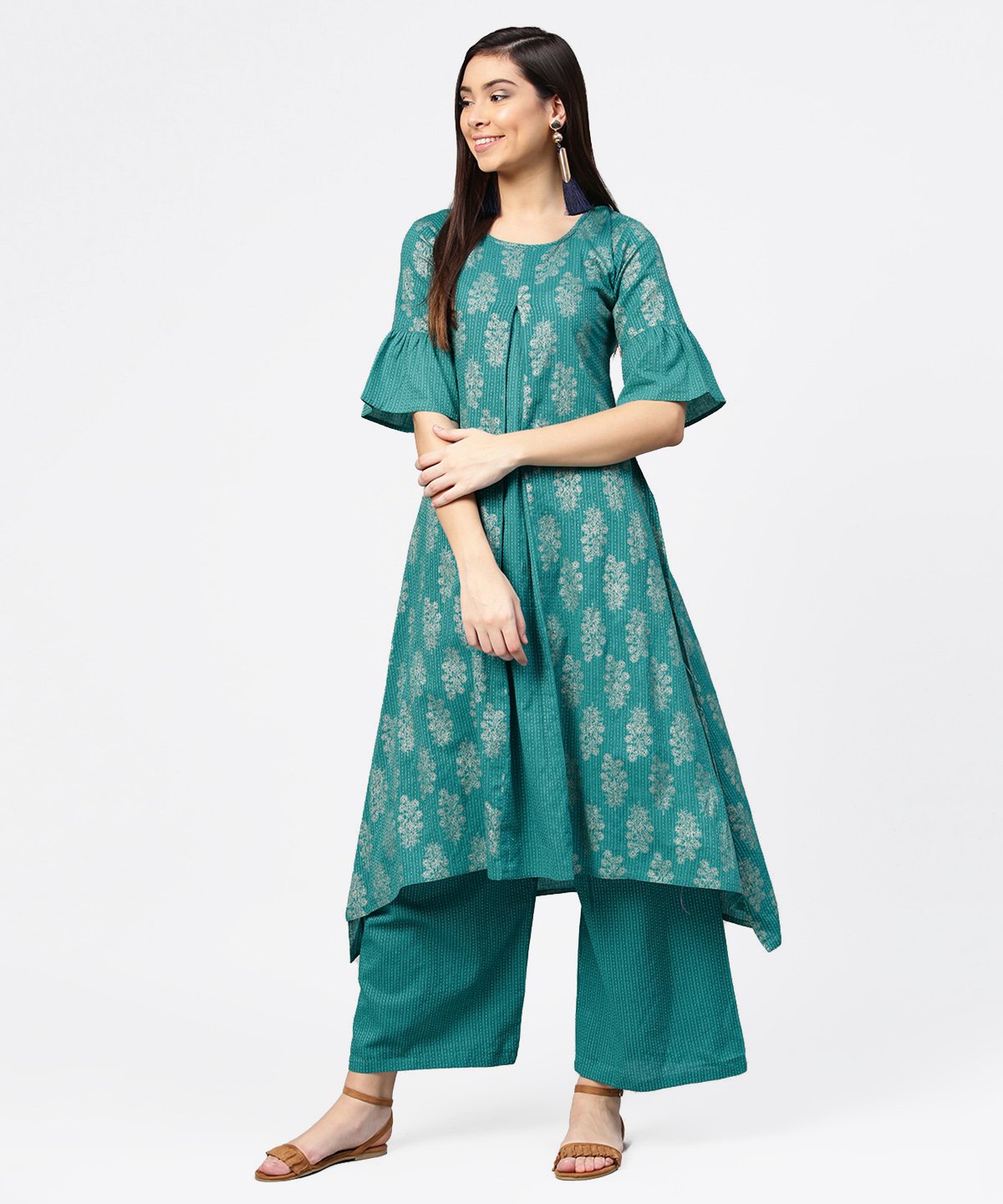 Women's Blue Printed Half Sleeve Cotton Kurta With Straight Ankle Length Pallazo
