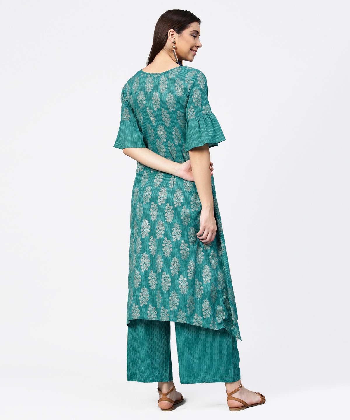 Women's Blue Printed Half Sleeve Cotton Kurta With Straight Ankle Length Pallazo