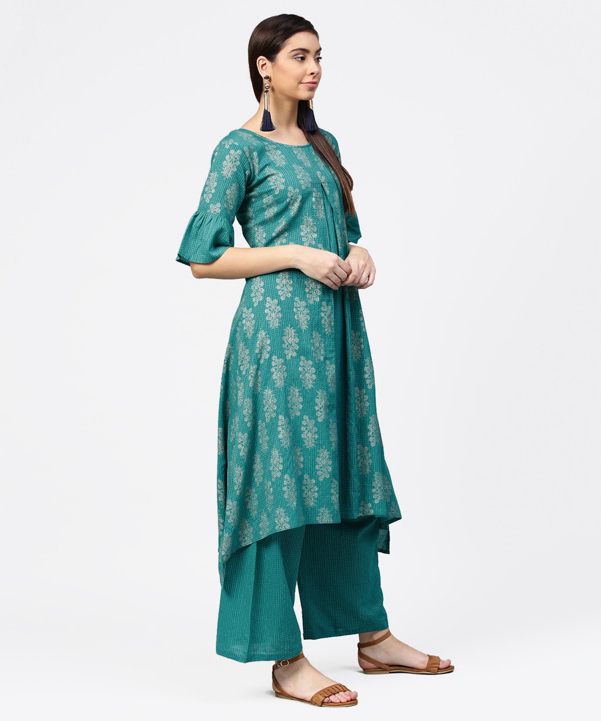 Women's Blue Printed Half Sleeve Cotton Kurta With Straight Ankle Length Pallazo