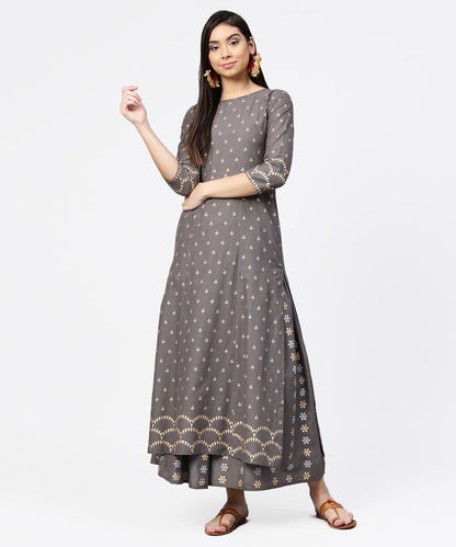 Women's Grey Printed Half Sleeve Cotton Ankle Length Kurta With Flared Ankle Length Skirt