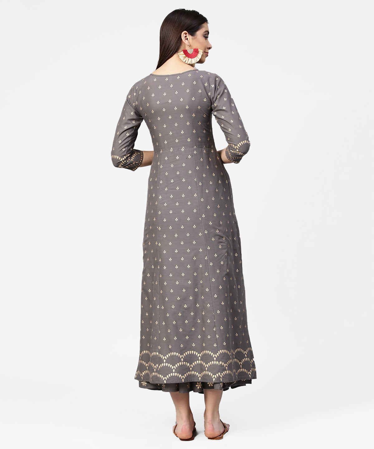 Women's Grey Printed Half Sleeve Cotton Ankle Length Kurta With Flared Ankle Length Skirt