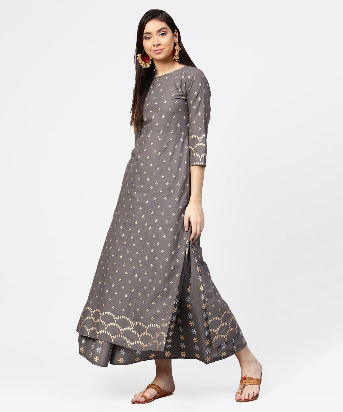 Women's Grey Printed Half Sleeve Cotton Ankle Length Kurta With Flared Ankle Length Skirt