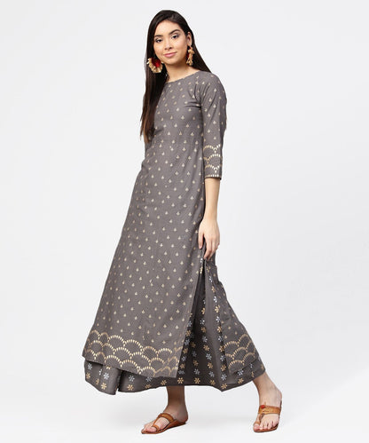 Women's Grey Printed Half Sleeve Cotton Ankle Length Kurta With Flared Ankle Length Skirt