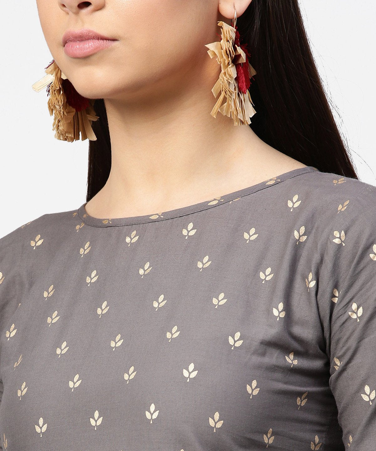 Women's Grey Printed Half Sleeve Cotton Ankle Length Kurta With Flared Ankle Length Skirt