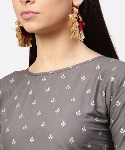 Women's Grey Printed Half Sleeve Cotton Ankle Length Kurta With Flared Ankle Length Skirt