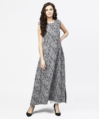 Women's Blue Printed Sleeveless Cotton A-Line Floor Length Kurta