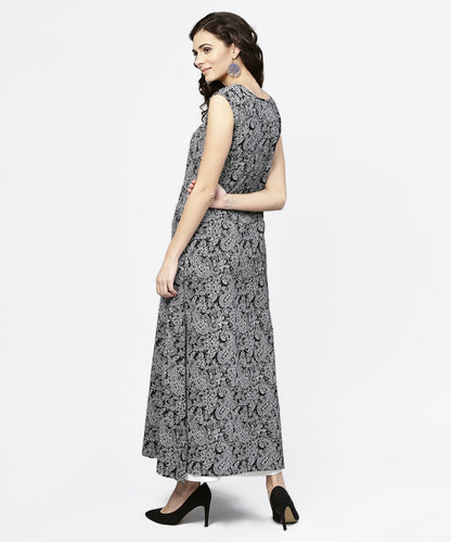 Women's Blue Printed Sleeveless Cotton A-Line Floor Length Kurta