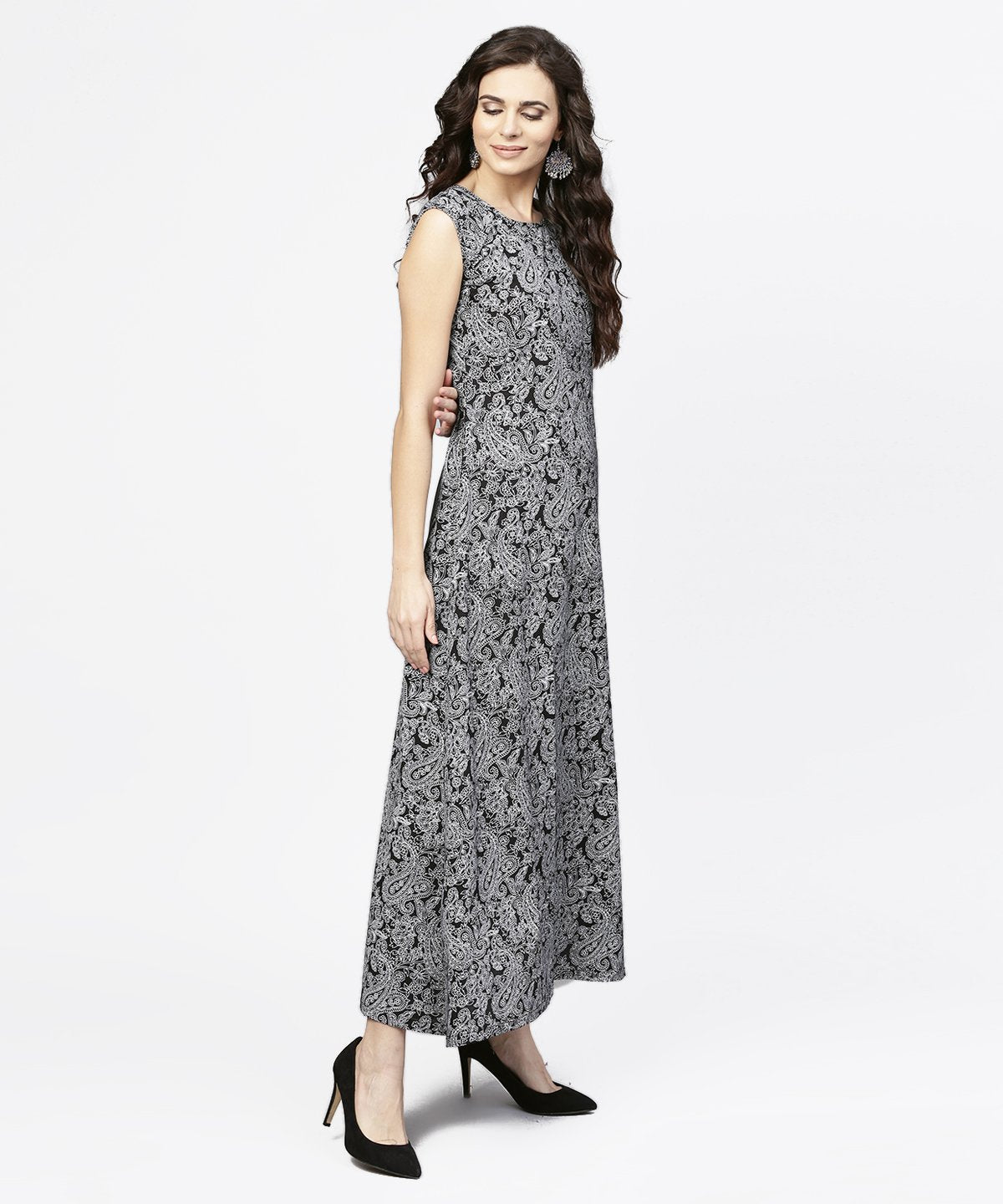 Women's Blue Printed Sleeveless Cotton A-Line Floor Length Kurta