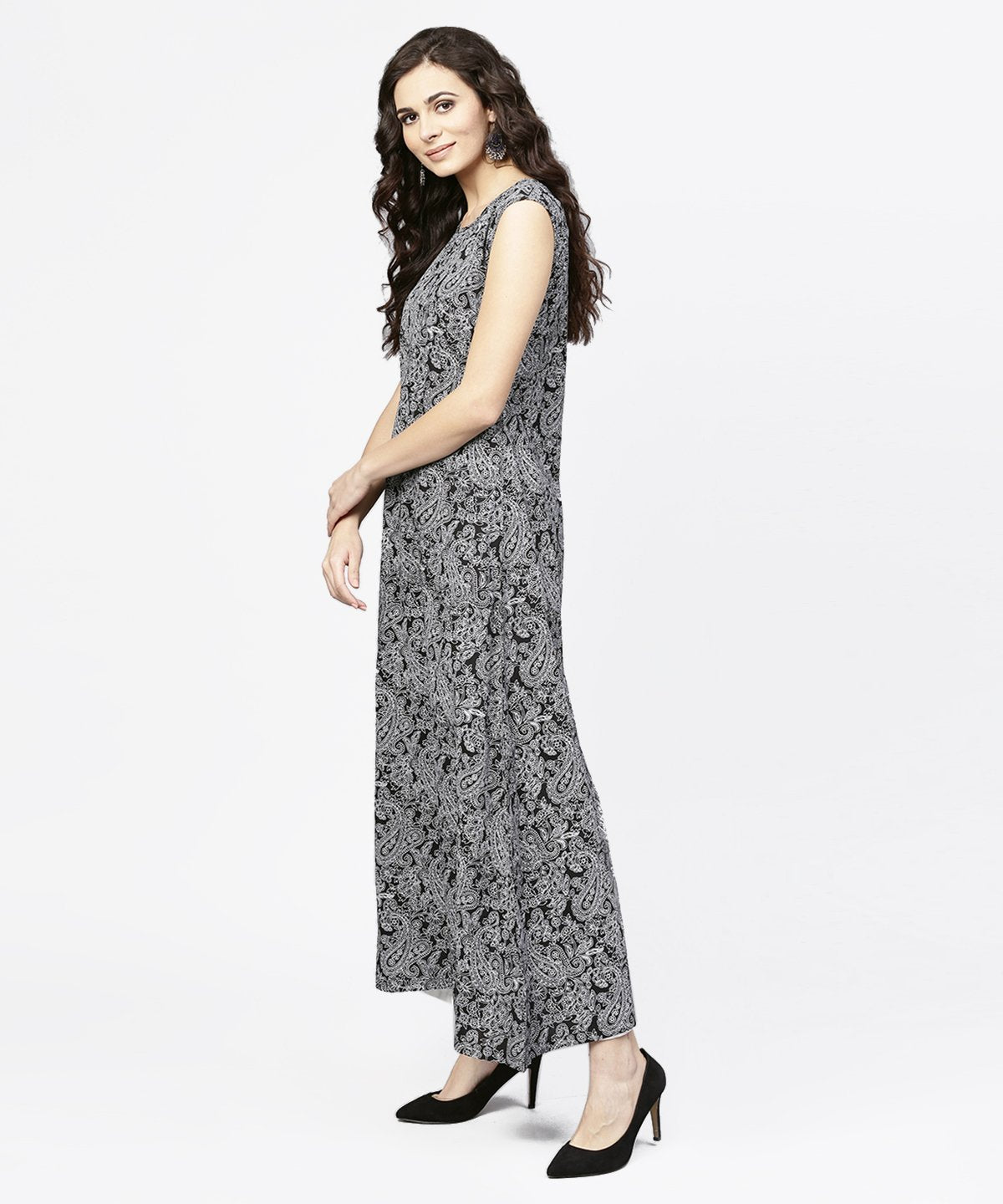 Women's Blue Printed Sleeveless Cotton A-Line Floor Length Kurta