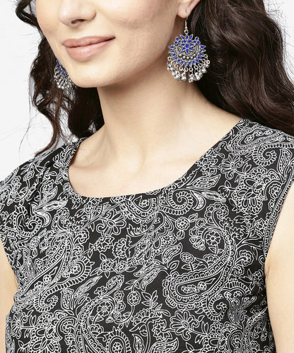 Women's Blue Printed Sleeveless Cotton A-Line Floor Length Kurta