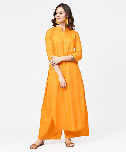 Women's Yellow 3/4Th Sleeve Printed Straight Kurta With Flared Ankle Length Pallazo