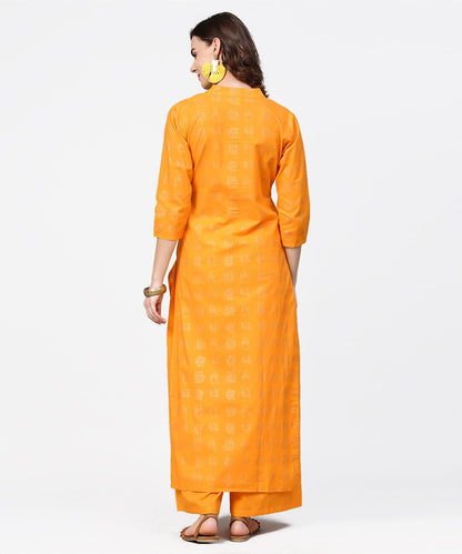 Women's Yellow 3/4Th Sleeve Printed Straight Kurta With Flared Ankle Length Pallazo