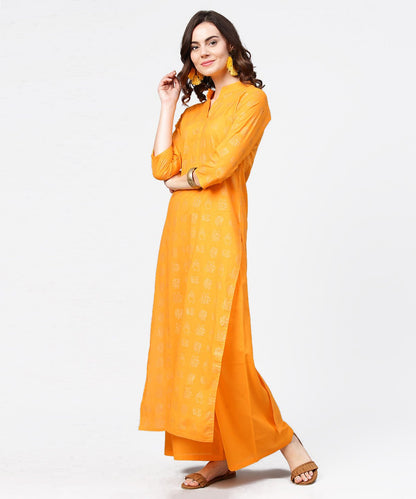 Women's Yellow 3/4Th Sleeve Printed Straight Kurta With Flared Ankle Length Pallazo