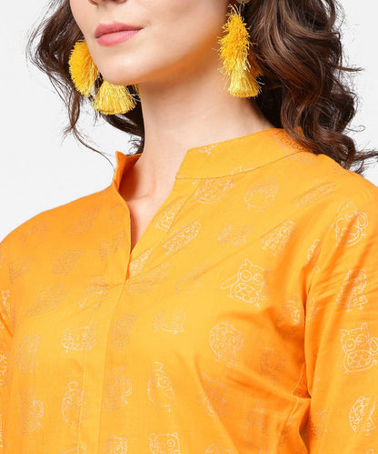 Women's Yellow 3/4Th Sleeve Printed Straight Kurta With Flared Ankle Length Pallazo