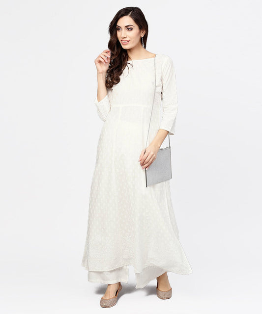 Women's Off White Printed 3/4Th Sleeve Cotton Kurta With Ankle Length Palazzo