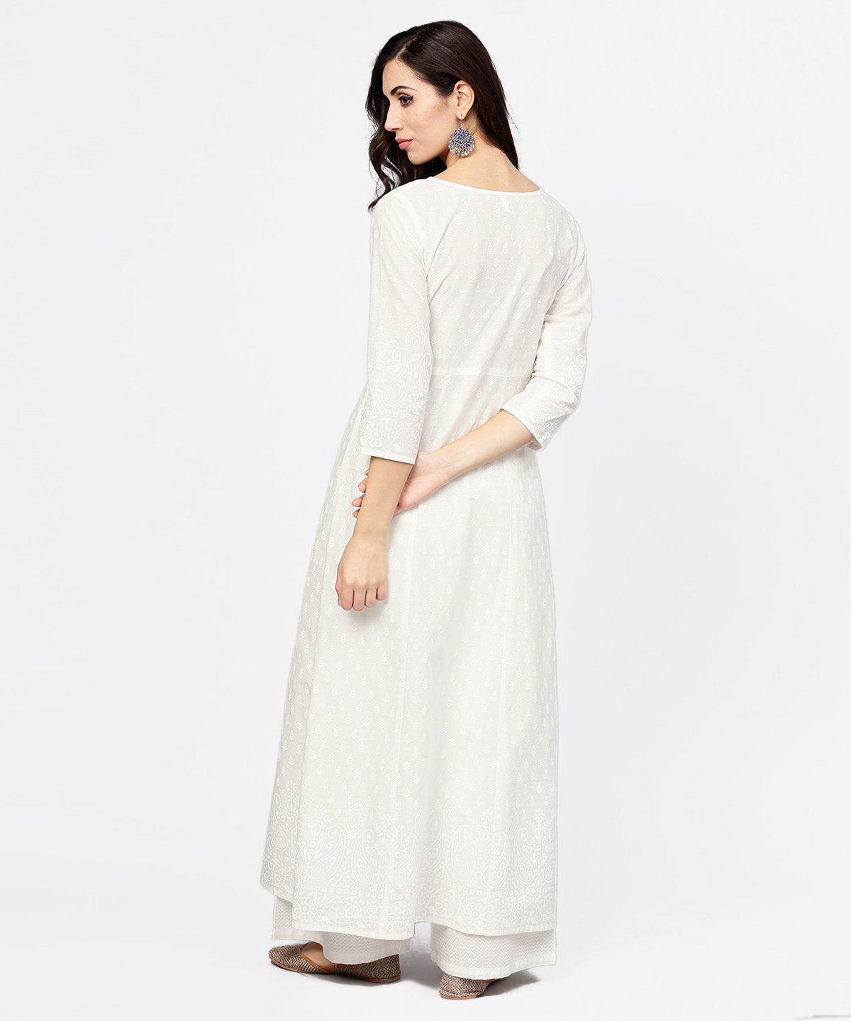 Women's Off White Printed 3/4Th Sleeve Cotton Kurta With Ankle Length Palazzo