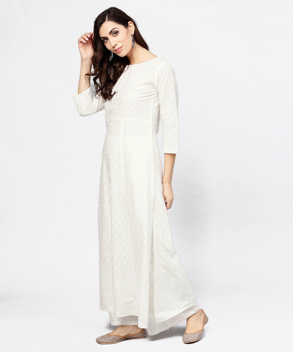 Women's Off White Printed 3/4Th Sleeve Cotton Kurta With Ankle Length Palazzo