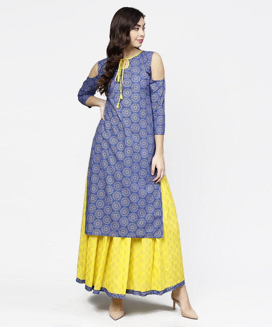 Women's Blue Printed 3/4Th Cold Shoulder Sleeve Kurta With Yellow Flared Skirt