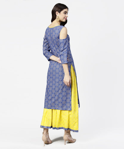 Women's Blue Printed 3/4Th Cold Shoulder Sleeve Kurta With Yellow Flared Skirt