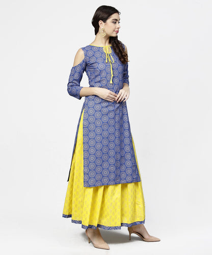 Women's Blue Printed 3/4Th Cold Shoulder Sleeve Kurta With Yellow Flared Skirt