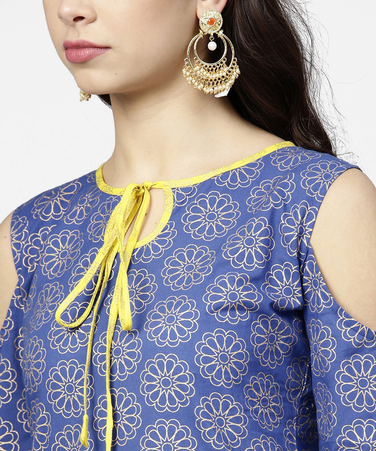Women's Blue Printed 3/4Th Cold Shoulder Sleeve Kurta With Yellow Flared Skirt