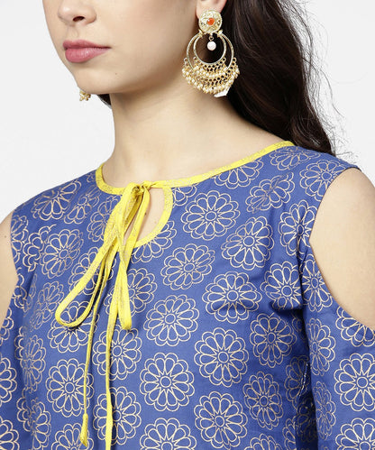 Women's Blue Printed 3/4Th Cold Shoulder Sleeve Kurta With Yellow Flared Skirt