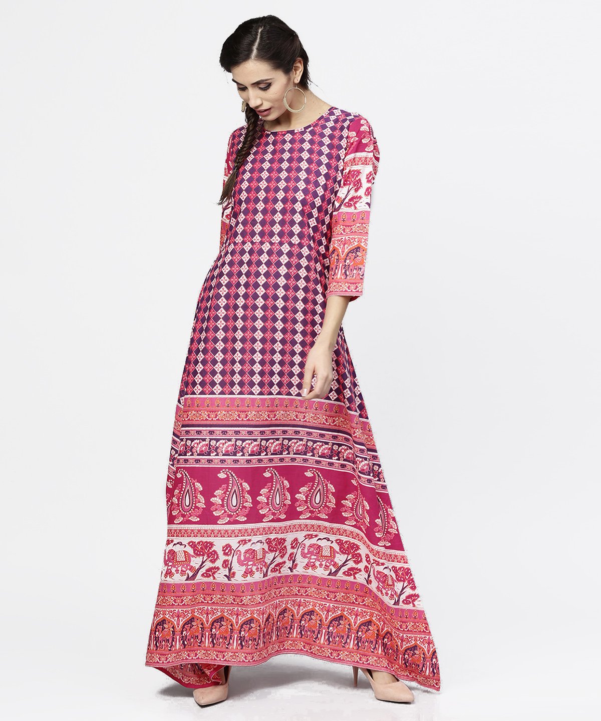 Women's Red Printed 3/4Th Sleeve Cotton Floor Length Kurta