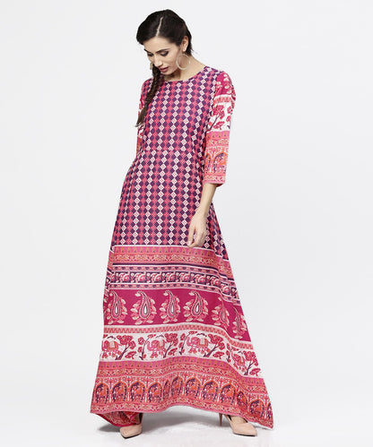 Women's Red Printed 3/4Th Sleeve Cotton Floor Length Kurta