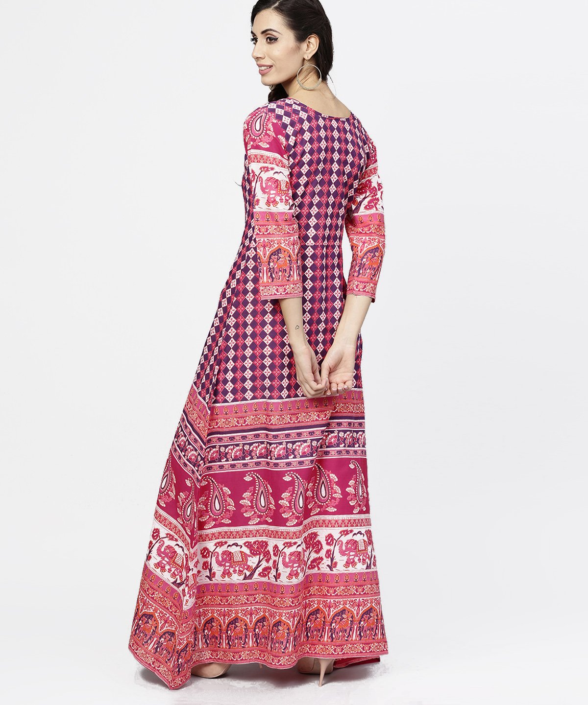 Women's Red Printed 3/4Th Sleeve Cotton Floor Length Kurta
