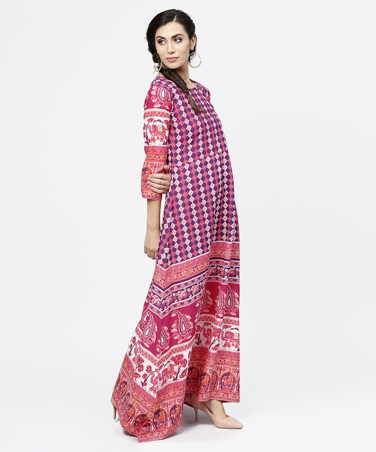 Women's Red Printed 3/4Th Sleeve Cotton Floor Length Kurta