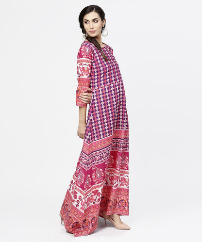 Women's Red Printed 3/4Th Sleeve Cotton Floor Length Kurta