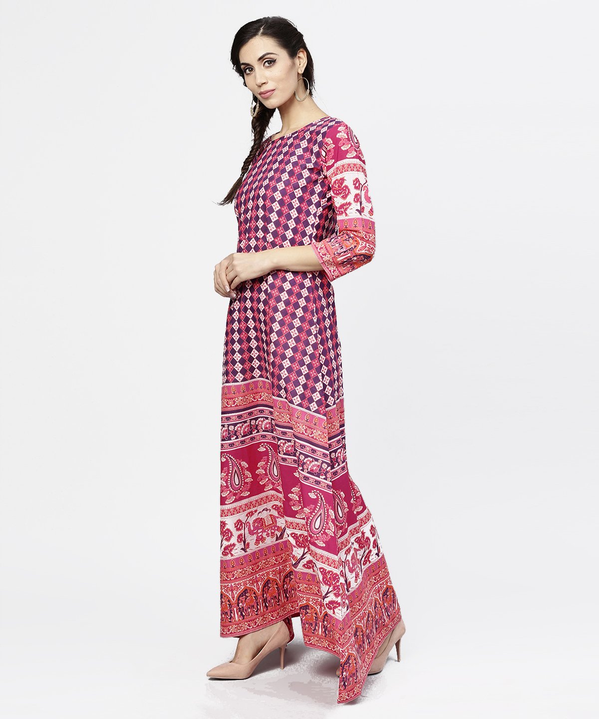 Women's Red Printed 3/4Th Sleeve Cotton Floor Length Kurta