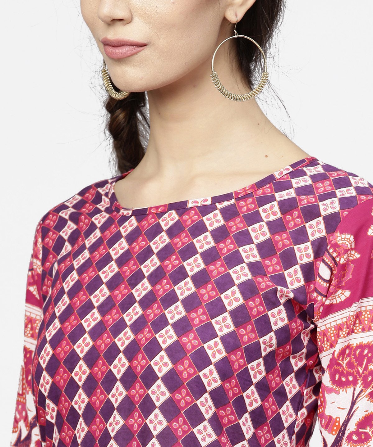 Women's Red Printed 3/4Th Sleeve Cotton Floor Length Kurta