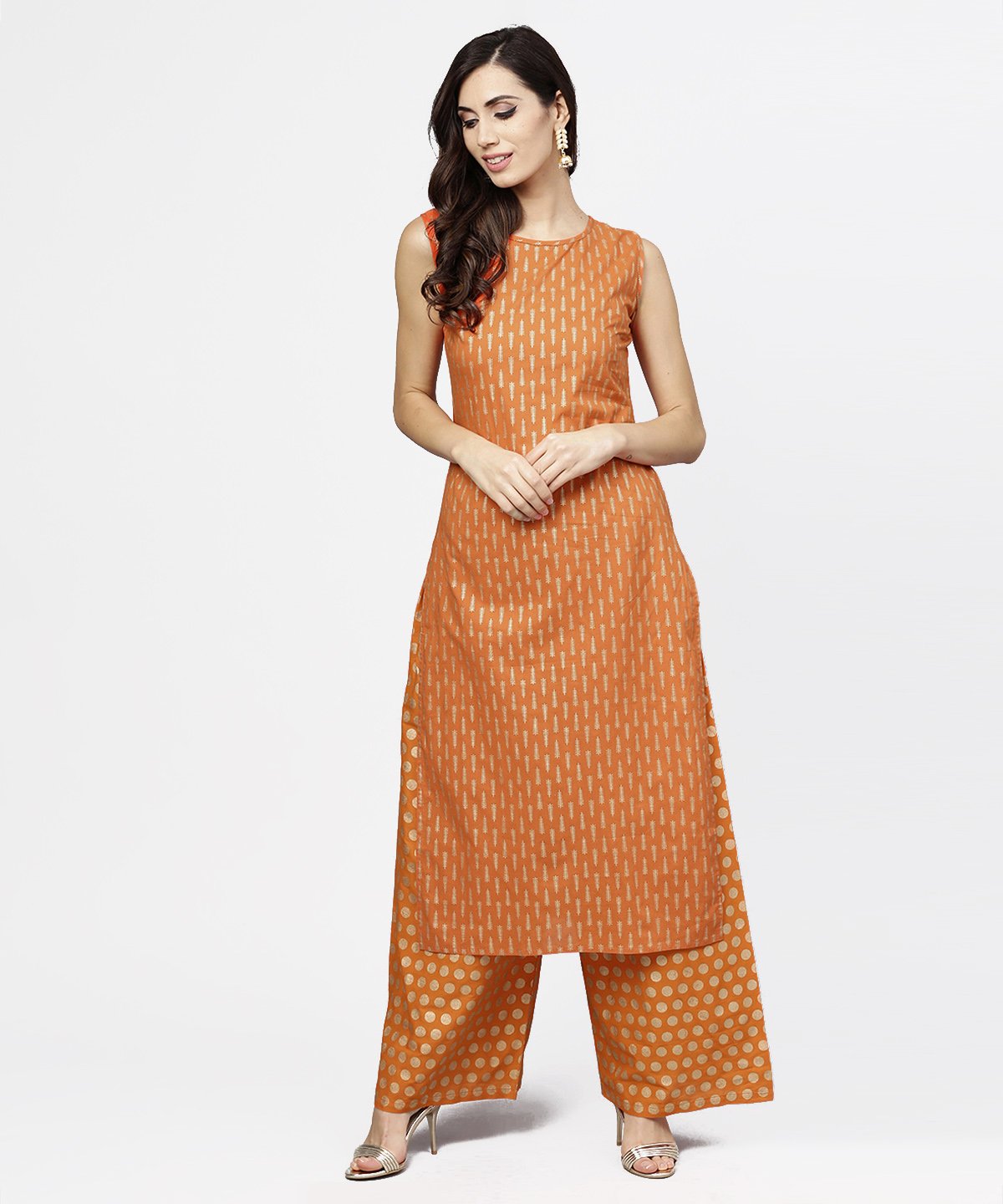 Women's Red Printed Sleeveless Cotton Kurta With Ankle Length Pallazo