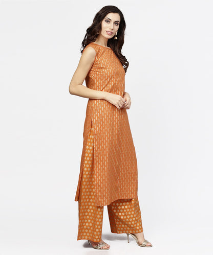 Women's Red Printed Sleeveless Cotton Kurta With Ankle Length Pallazo
