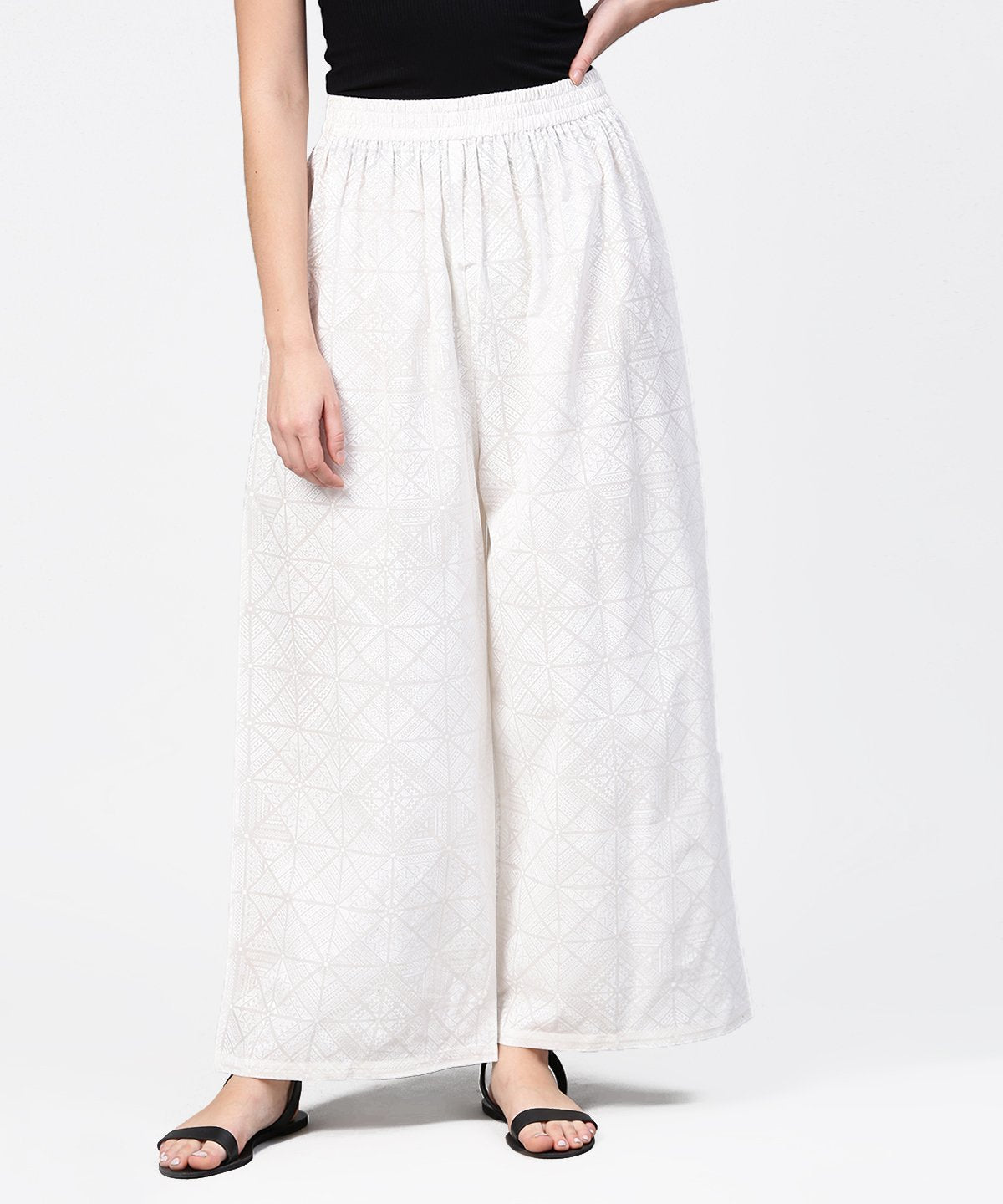 Women's Off White Printed Ankle Length Pallazo