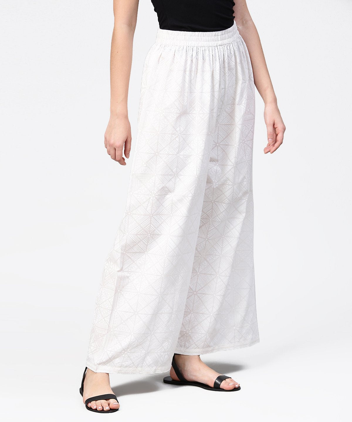Women's Off White Printed Ankle Length Pallazo