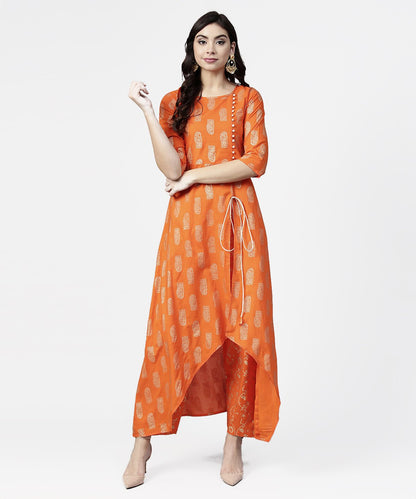 Women's Orange Printed 3/4Th Sleeve Assymetric Kurta With Ankle Length Pant