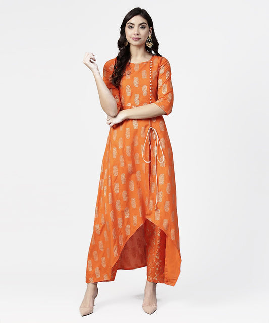 Women's Orange Printed 3/4Th Sleeve Assymetric Kurta With Ankle Length Pant