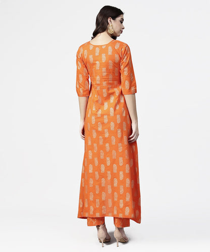 Women's Orange Printed 3/4Th Sleeve Assymetric Kurta With Ankle Length Pant