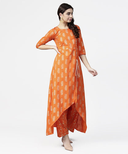 Women's Orange Printed 3/4Th Sleeve Assymetric Kurta With Ankle Length Pant
