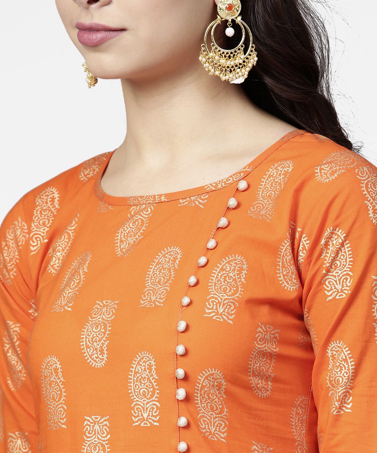 Women's Orange Printed 3/4Th Sleeve Assymetric Kurta With Ankle Length Pant